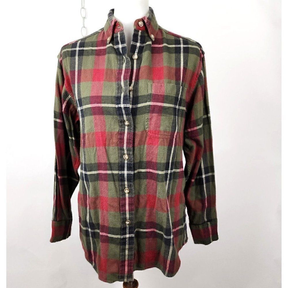 VTG EMS Heavy Cotton Brushed Flannel Green Burgundy Plaid Shirt Hiking Womens S